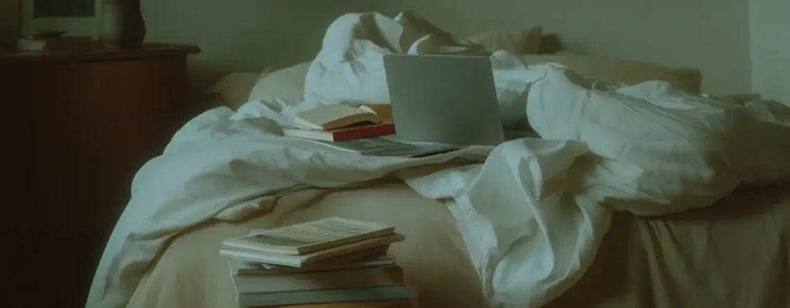 Rendetlen ágy, könyvek és laptop.