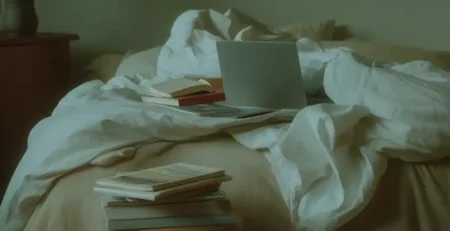 Rendetlen ágy, könyvek és laptop.